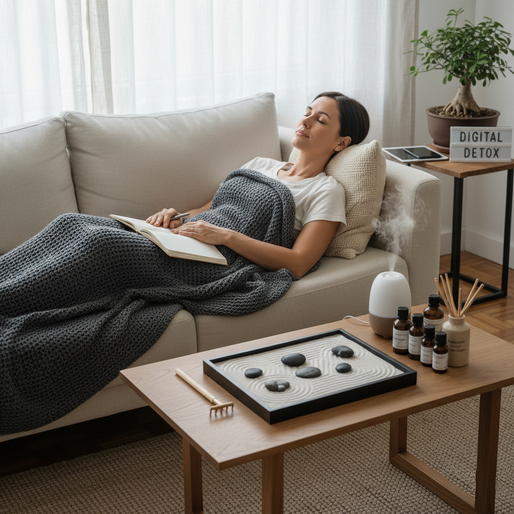 A calm, zen-inspired room with a person relaxing surrounded by mindful gifts—including a desk zen garden, weighted blanket, aromatherapy kit, and journal—while digital devices are put aside, capturing the essence of digital detox and self-care.