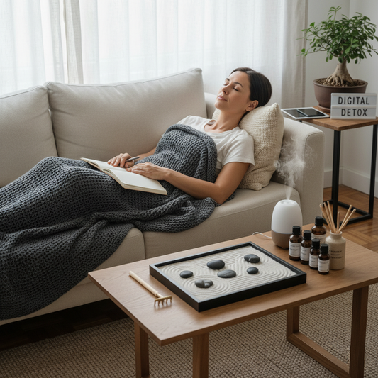 A calm, zen-inspired room with a person relaxing surrounded by mindful gifts—including a desk zen garden, weighted blanket, aromatherapy kit, and journal—while digital devices are put aside, capturing the essence of digital detox and self-care.
