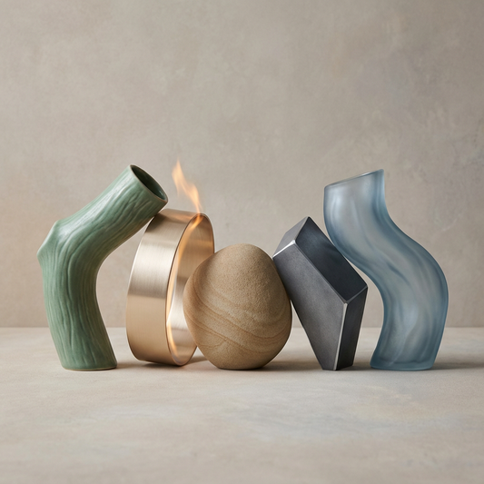 Abstract five elements concept image symbolizing wood, fire, earth, metal, and water in a modern feng shui inspired luxury aesthetic
