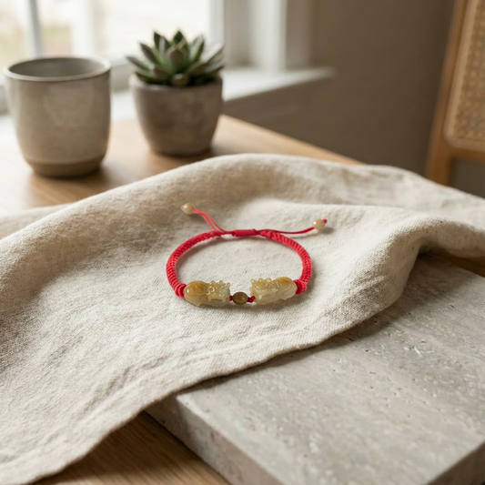 Jade Pixiu bracelet with red adjustable cord resting on natural linen fabric in soft daylight, symbolizing mindful care, balance, and modern spiritual jewelry.
