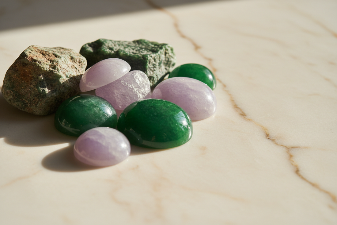 Natural Type A jadeite cabochons and rough jade stones arranged on a cream marble surface with soft natural lighting, featuring imperial green and icy lavender tones in a minimalist luxury jewellery editorial style.