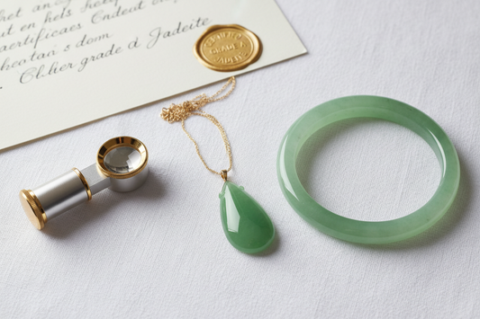 Natural Type A jadeite pendant necklace and translucent jade bangle displayed on a soft white surface beside a jeweller’s loupe and certificate card, photographed in a clean luxury editorial style with soft natural lighting.