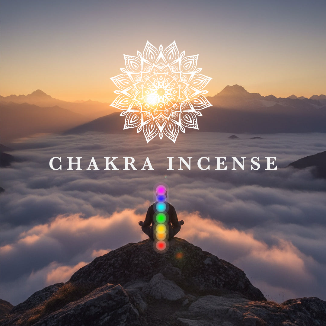 Chakra incense collection, with colorful chakra symbols and rope incense visuals.