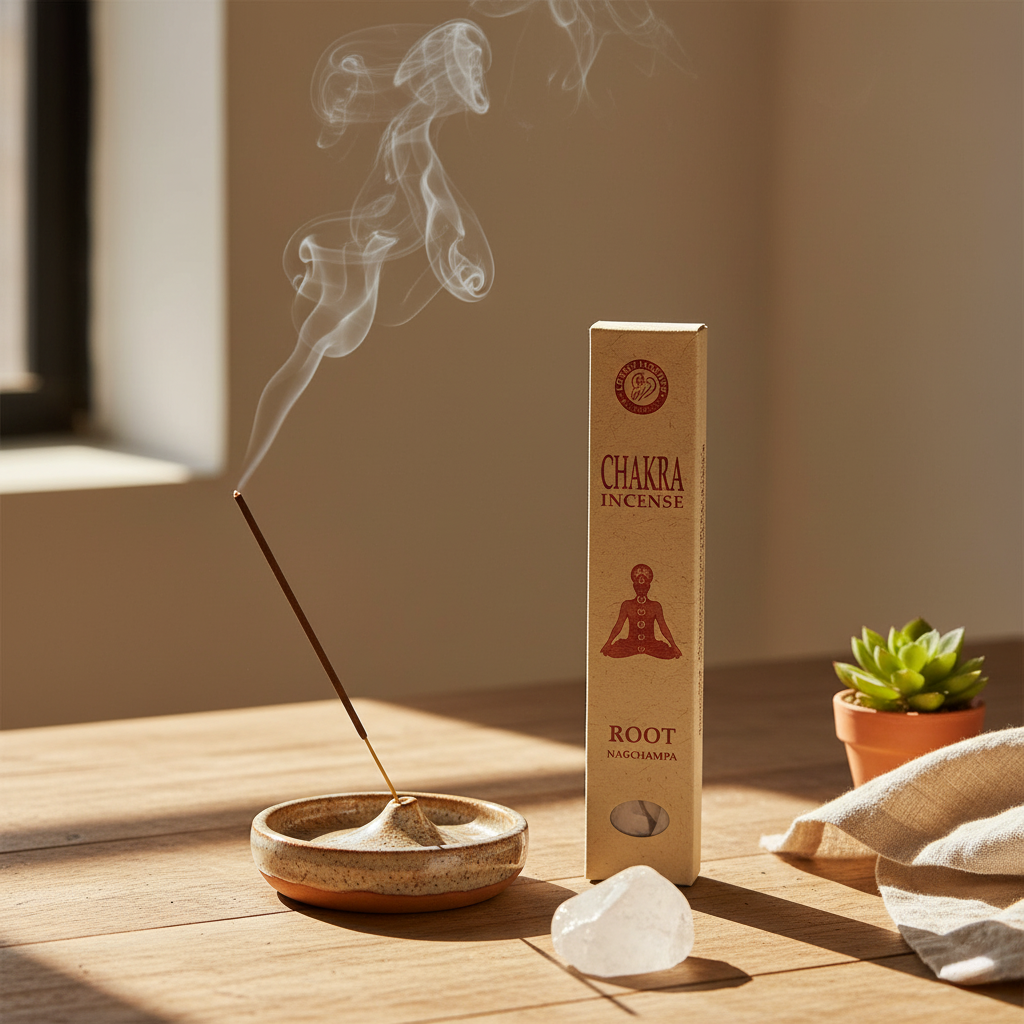 Chakra incense stick with smoke, packaging, and crystal on a wooden surface.