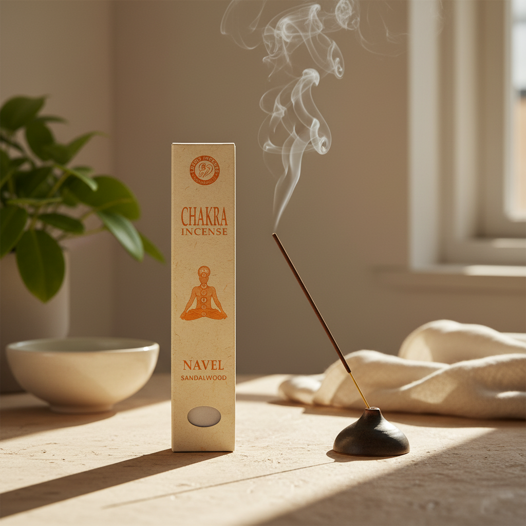 Chakra incense stick with packaging on a wooden surface, with smoke rising.