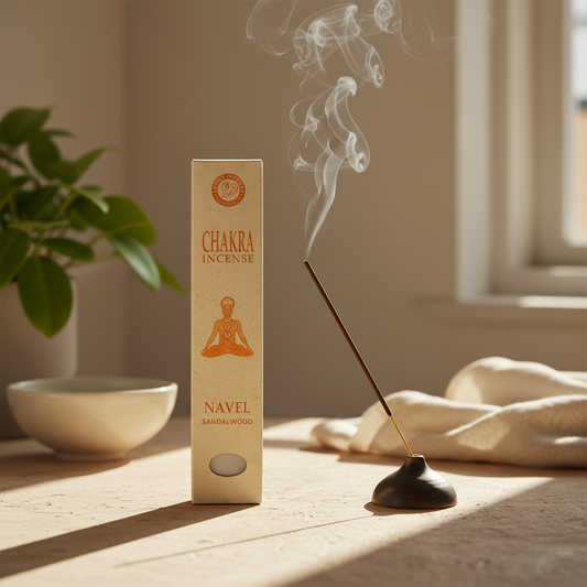 Chakra incense stick with packaging on a wooden surface, with smoke rising.