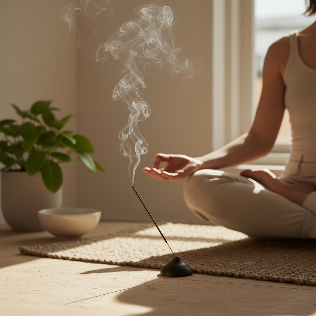 Person meditating with incense burning on a wooden floor in a serene setting