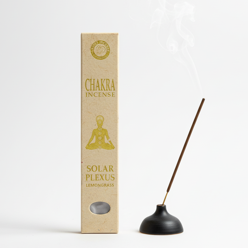 Chakra incense packaging with a single incense stick on a white background
