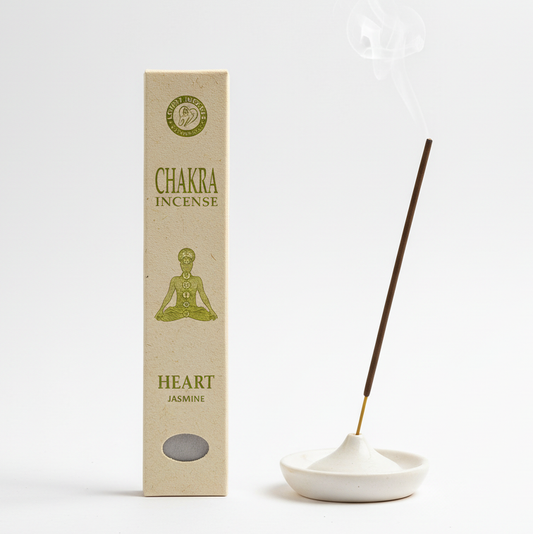 Heart Chakra Incense - Jasmine Incense Stick from Nepal in Traditional Packaging with Black Ceramic Holder on White Background for Love, Compassion and Emotional Balance