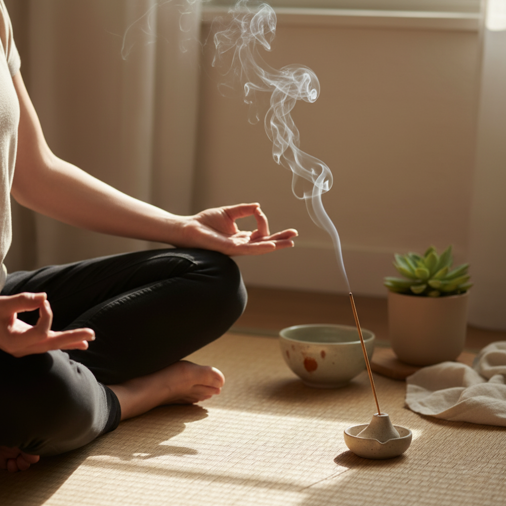 Third Eye Chakra Incense - Rose Incense Being Used During Meditation Practice with Person on Yoga Mat for Intuition and Clarity Enhancement