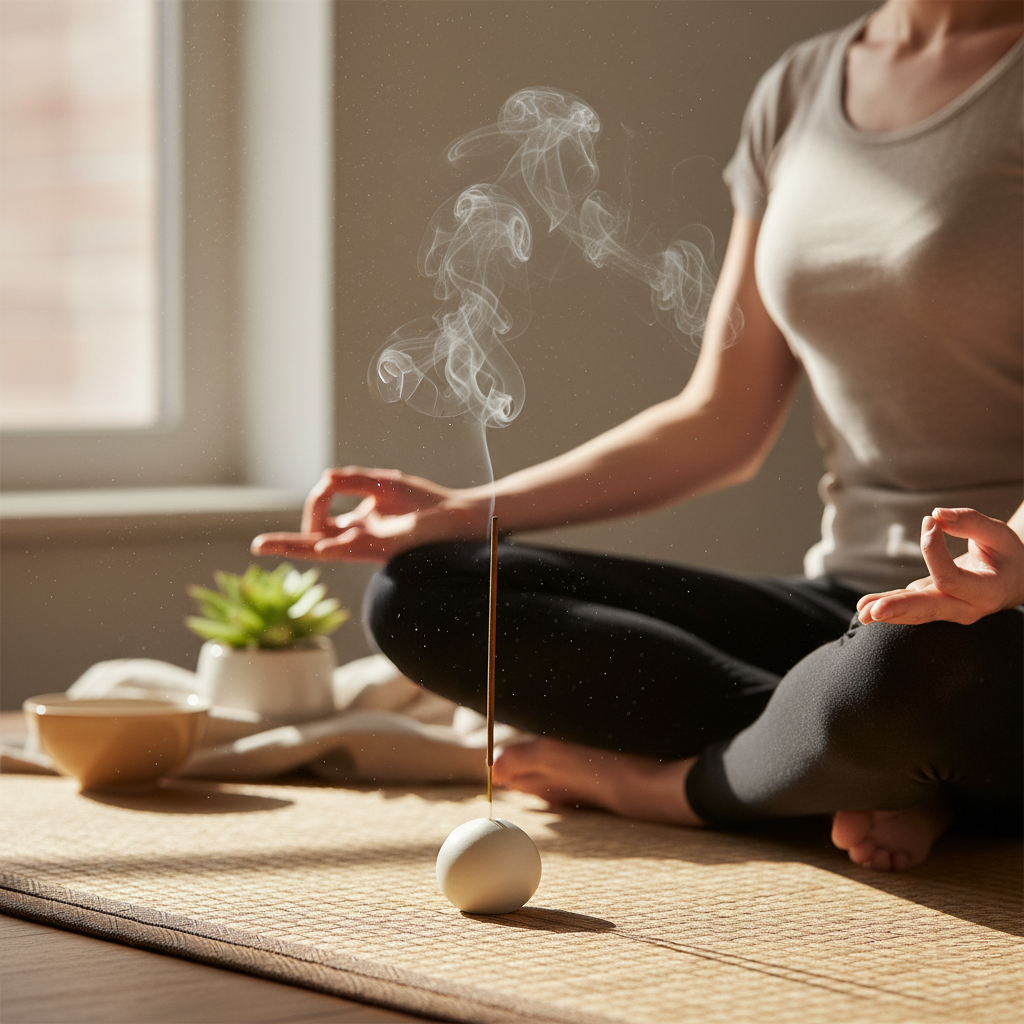 Crown Chakra Frankincense Incense in Use - Person Meditating in Serene Setting with Burning Incense on Yoga Mat Creating Calm Spiritual Atmosphere for Meditation and Mindfulness