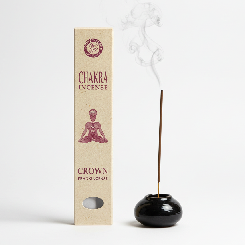 Crown Chakra Incense - Frankincense Incense Stick from Nepal in Traditional Packaging with Black Ceramic Holder on White Background for Spiritual Connection and Calm Meditation