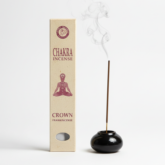 Crown Chakra Incense - Frankincense Incense Stick from Nepal in Traditional Packaging with Black Ceramic Holder on White Background for Spiritual Connection and Calm Meditation