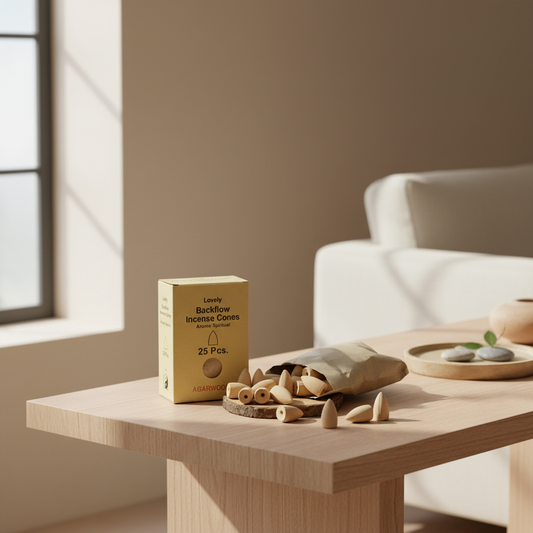 Box of Backflow Incense Cones on a wooden table with a neutral background