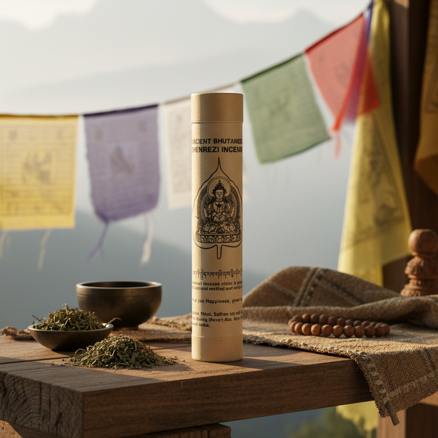 Incense stick container on a wooden table with prayer flags in the background