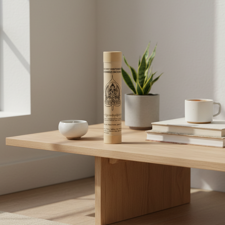 Product on a wooden table with a plant and books in a bright room