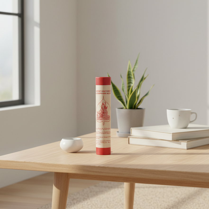 Tall cylindrical container with red and white design on a wooden table with a plant and books in the background.