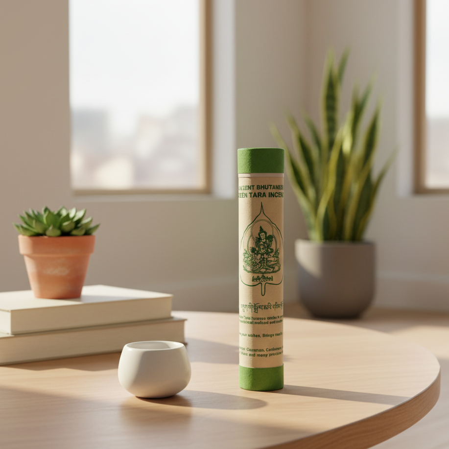Tube of incense on a wooden table with plants and books in the background