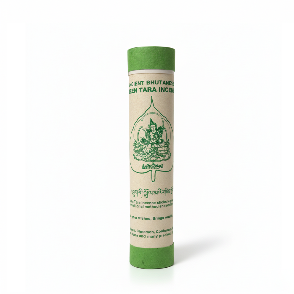 Green Tara incense stick tube with green cap on a white background