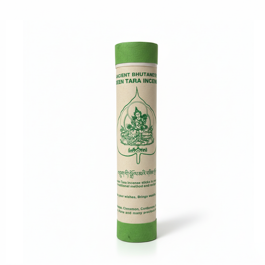 Green Tara incense stick tube with green cap on a white background
