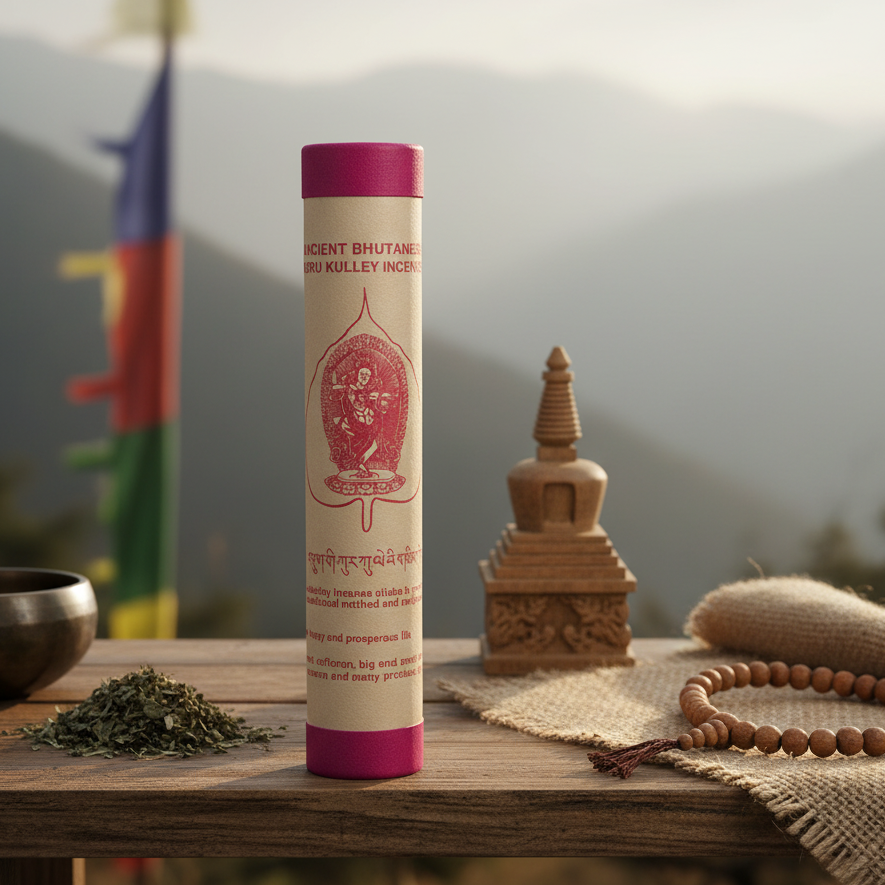 Incense stick tube with traditional design on a wooden table with decorative items.