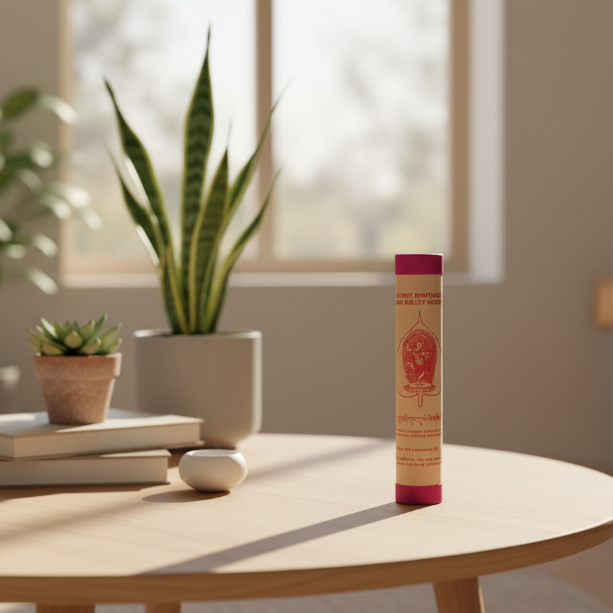 Incense stick tube on a table with plants and books in the background