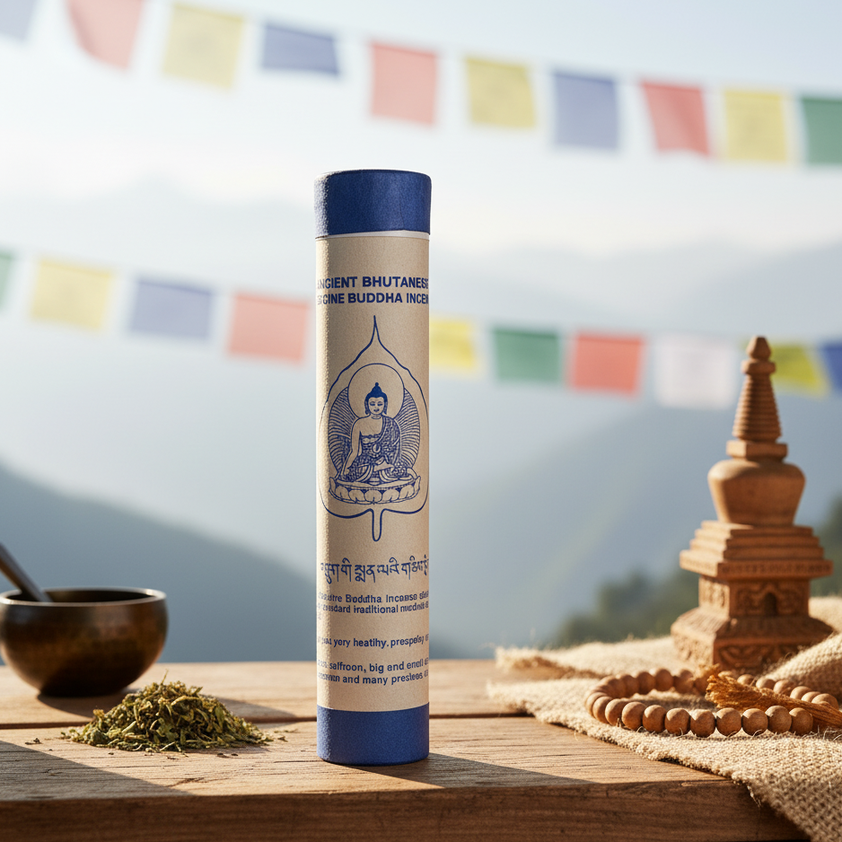 Bhutanese Buddha incense tube on a wooden table with a blurred background of prayer flags and a small wooden structure.