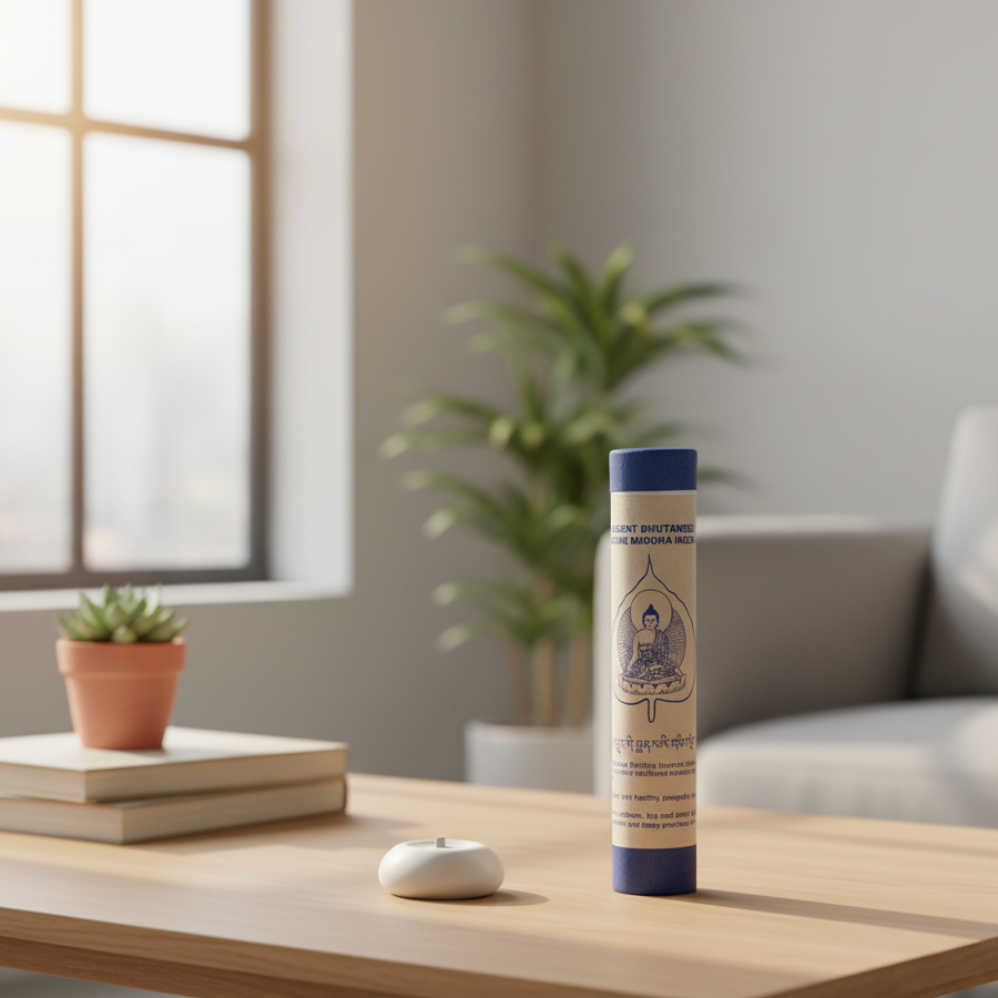 Tubular product with blue cap and beige body on a wooden table with a blurred indoor background