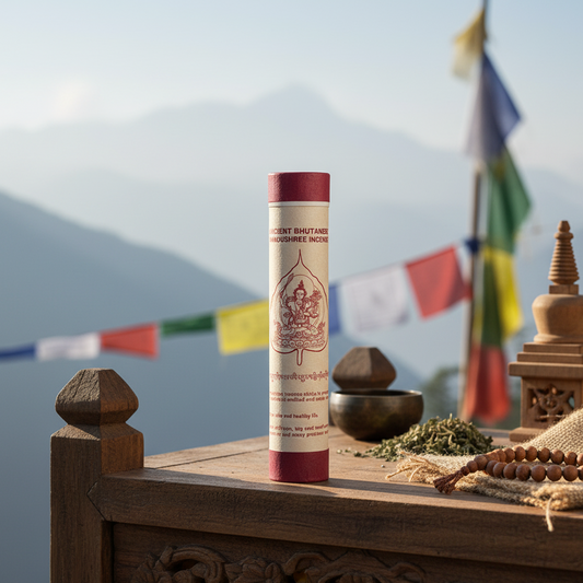Incense stick tube with mountain and prayer flags in the background