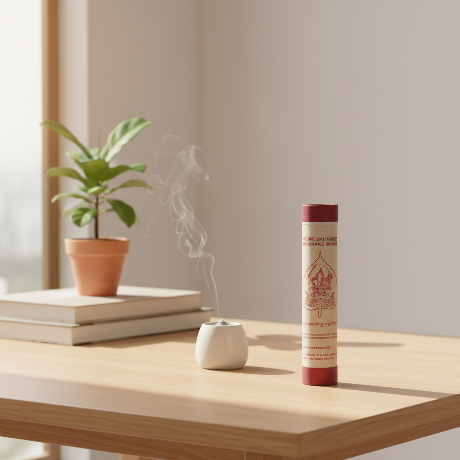 Incense stick tube on a wooden surface with a plant and small container in the background