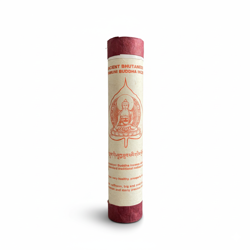 Cylindrical product with red and white packaging featuring a Buddha illustration on a white background