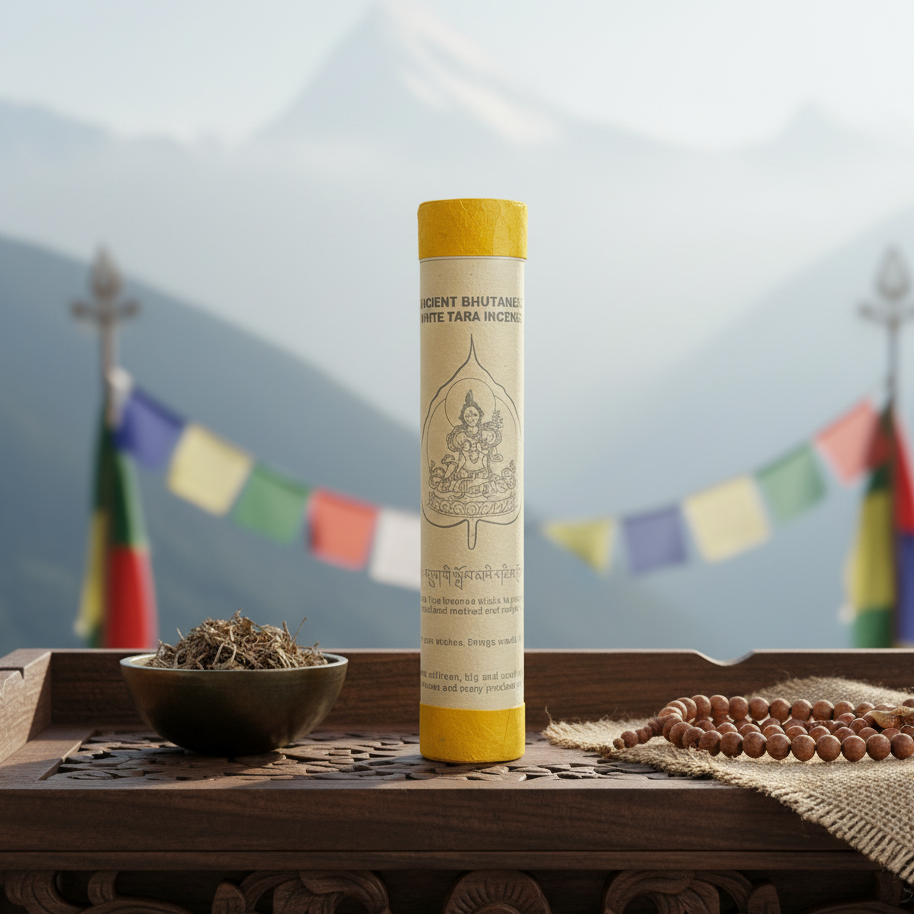 Cylindrical container with yellow lid on a wooden tray with herbs and beads, blurred prayer flags and mountains in the background.