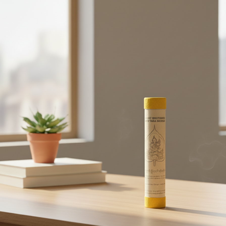 Tube of incense on a table with a potted plant and books in the background