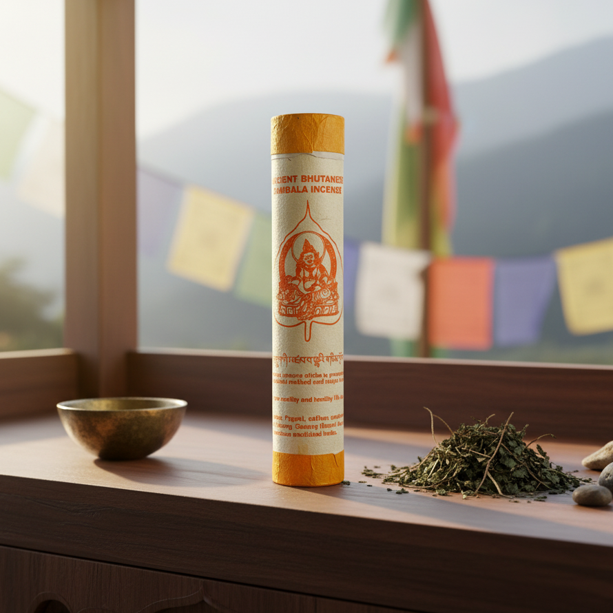 Incense stick tube on a wooden surface with a scenic background