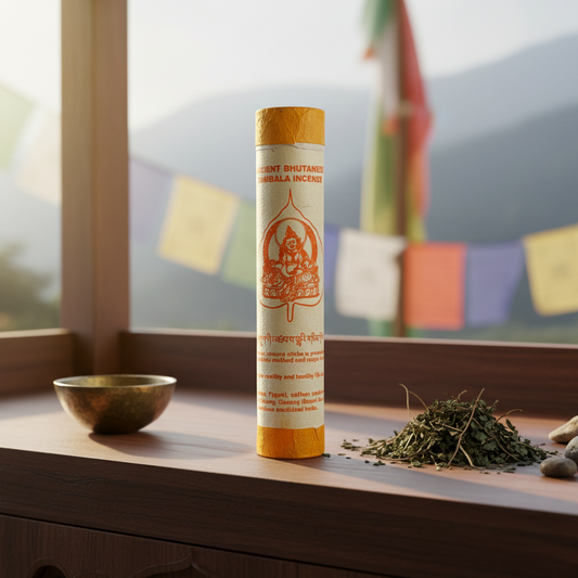 Incense stick tube on a wooden surface with a scenic background