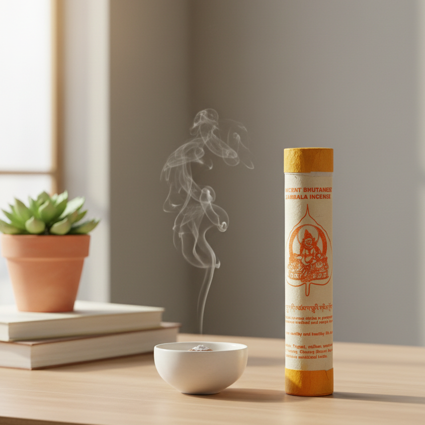 Incense stick tube with smoke rising from a bowl on a wooden surface.