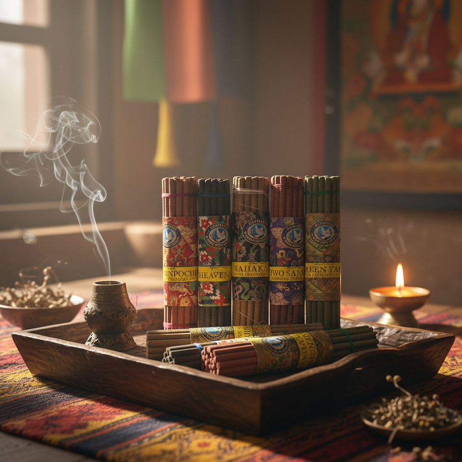 Incense sticks in colorful packaging on a wooden tray with a candle and decorative items in the background.