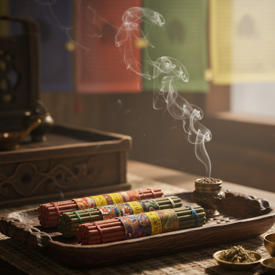 Incense sticks with smoke on a wooden tray in a traditional setting