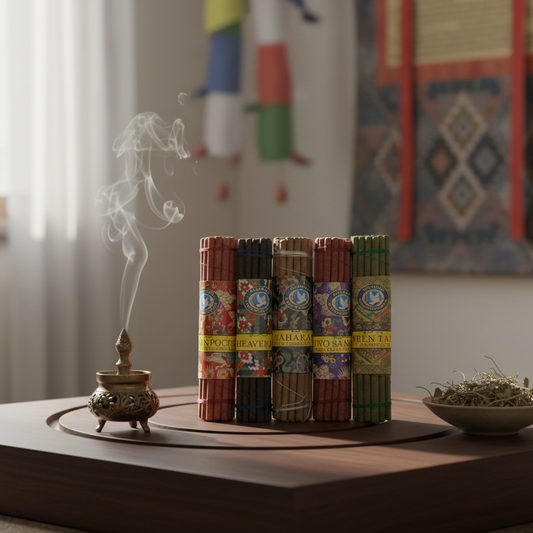 Incense sticks with smoke on a wooden surface, colorful background