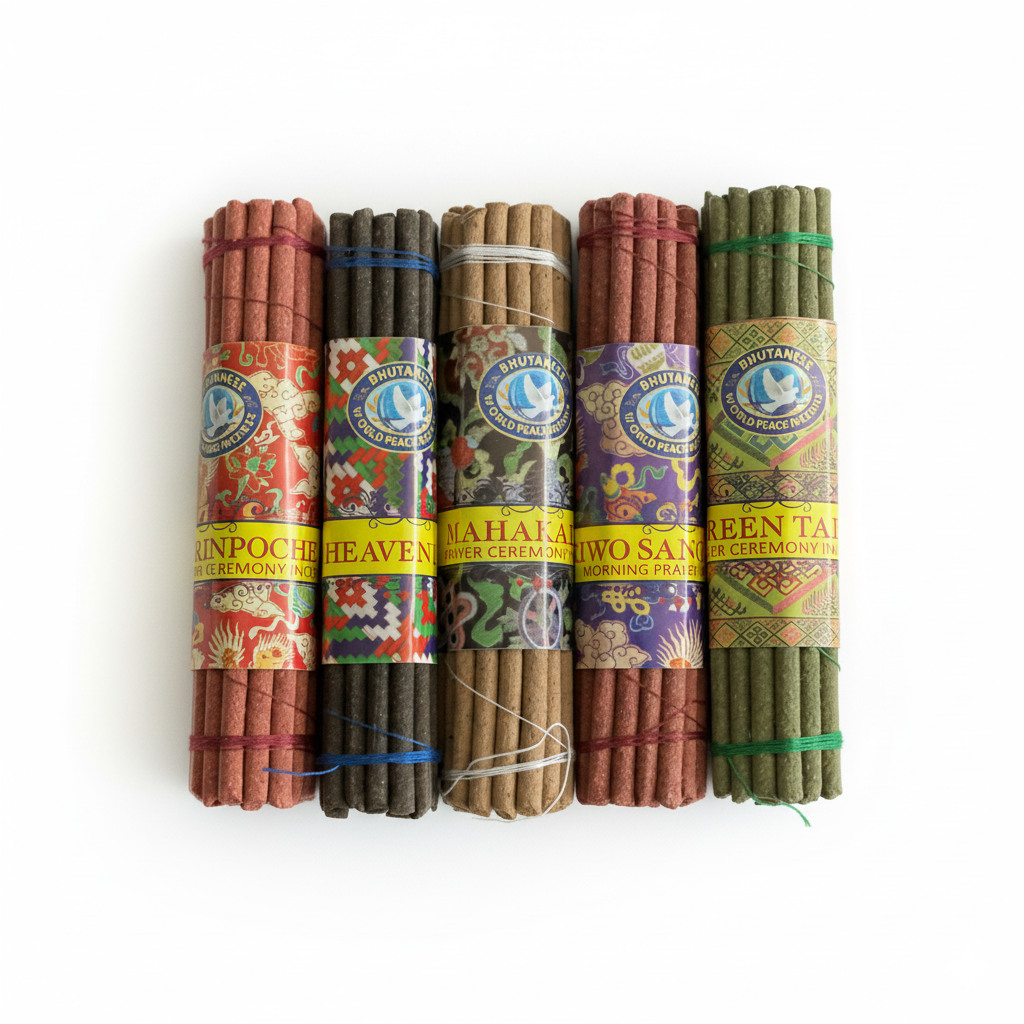 Five bundles of incense sticks with colorful labels on a white background