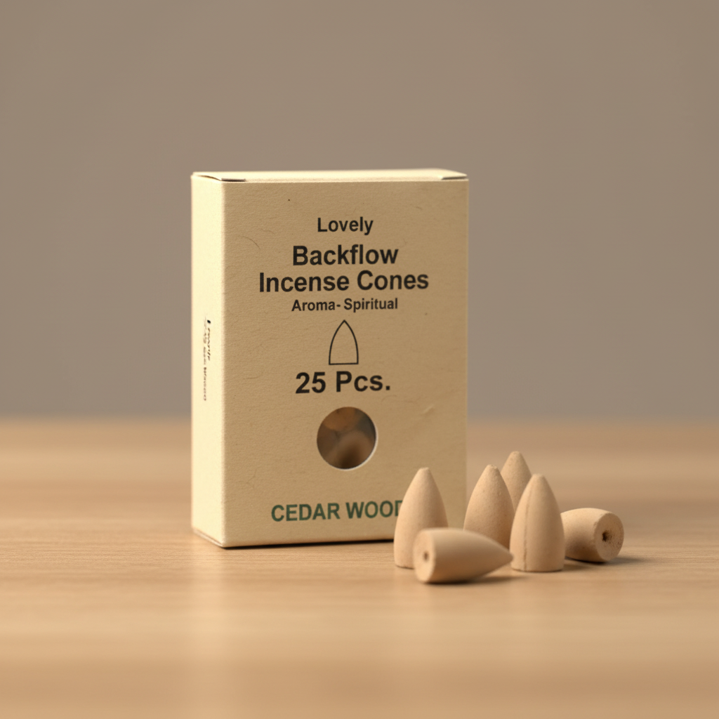 Box of Lovely Backflow Incense Cones with incense cones on a wooden surface