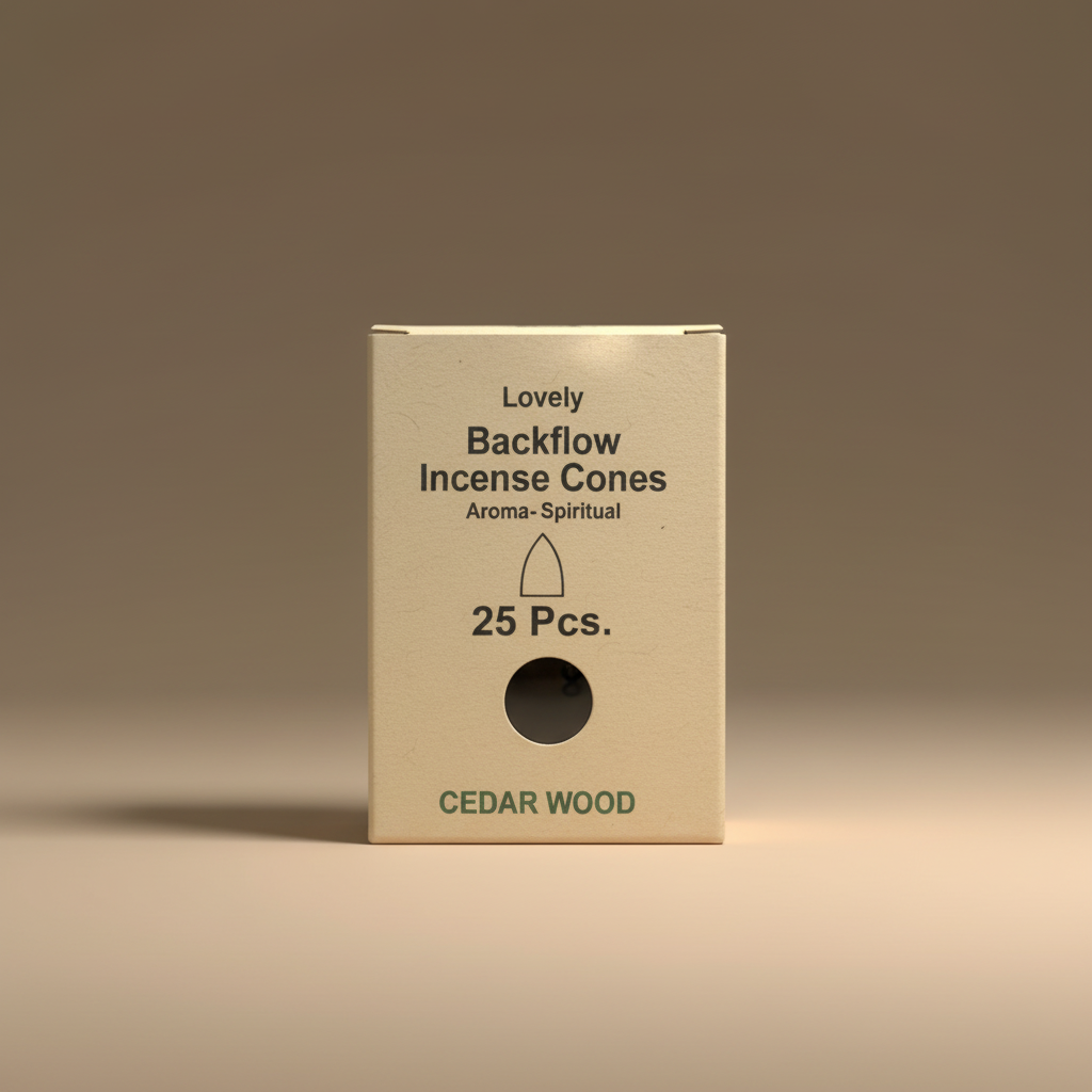 Box of Lovely Backflow Incense Cones with cedar wood scent on a beige background