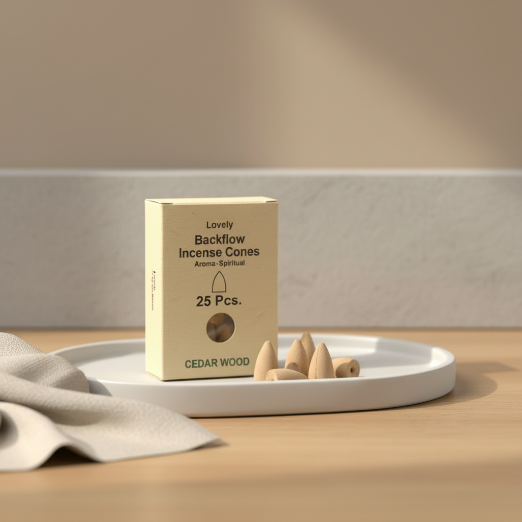Box of incense cones on a white tray with incense sticks on a wooden surface