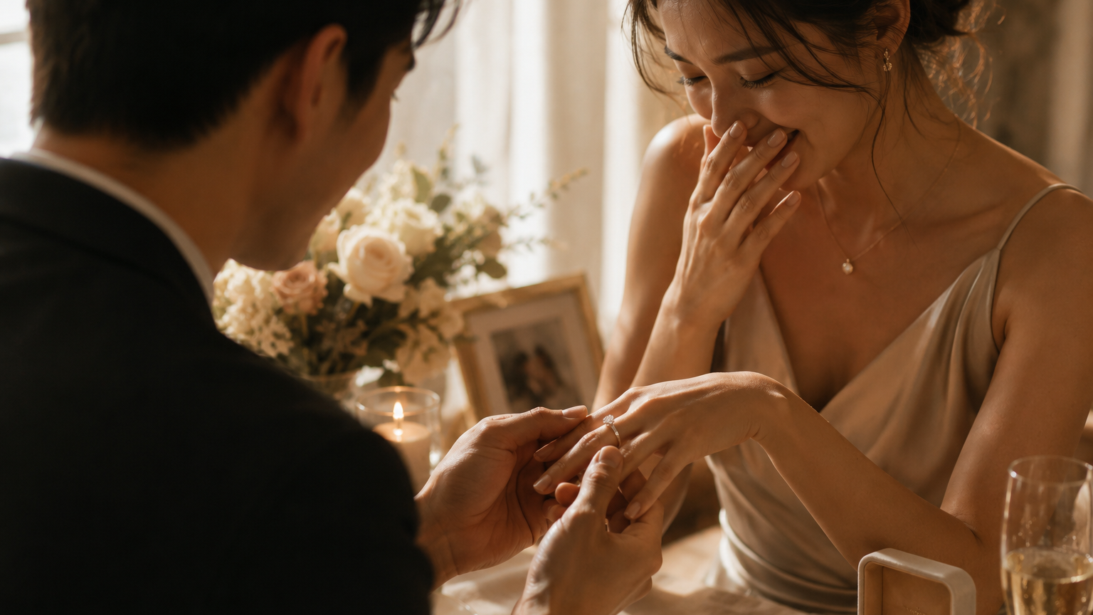 Man proposing to a woman with a ring, surrounded by flowers and a glass of champagne.