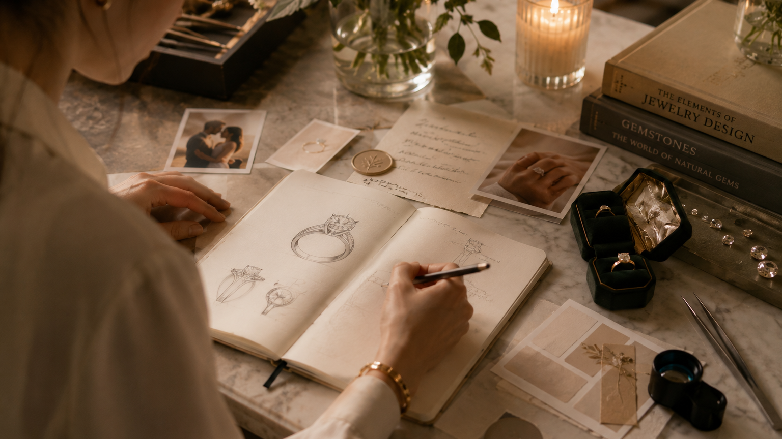 Person drawing a ring on a notebook with jewelry and flowers on a table