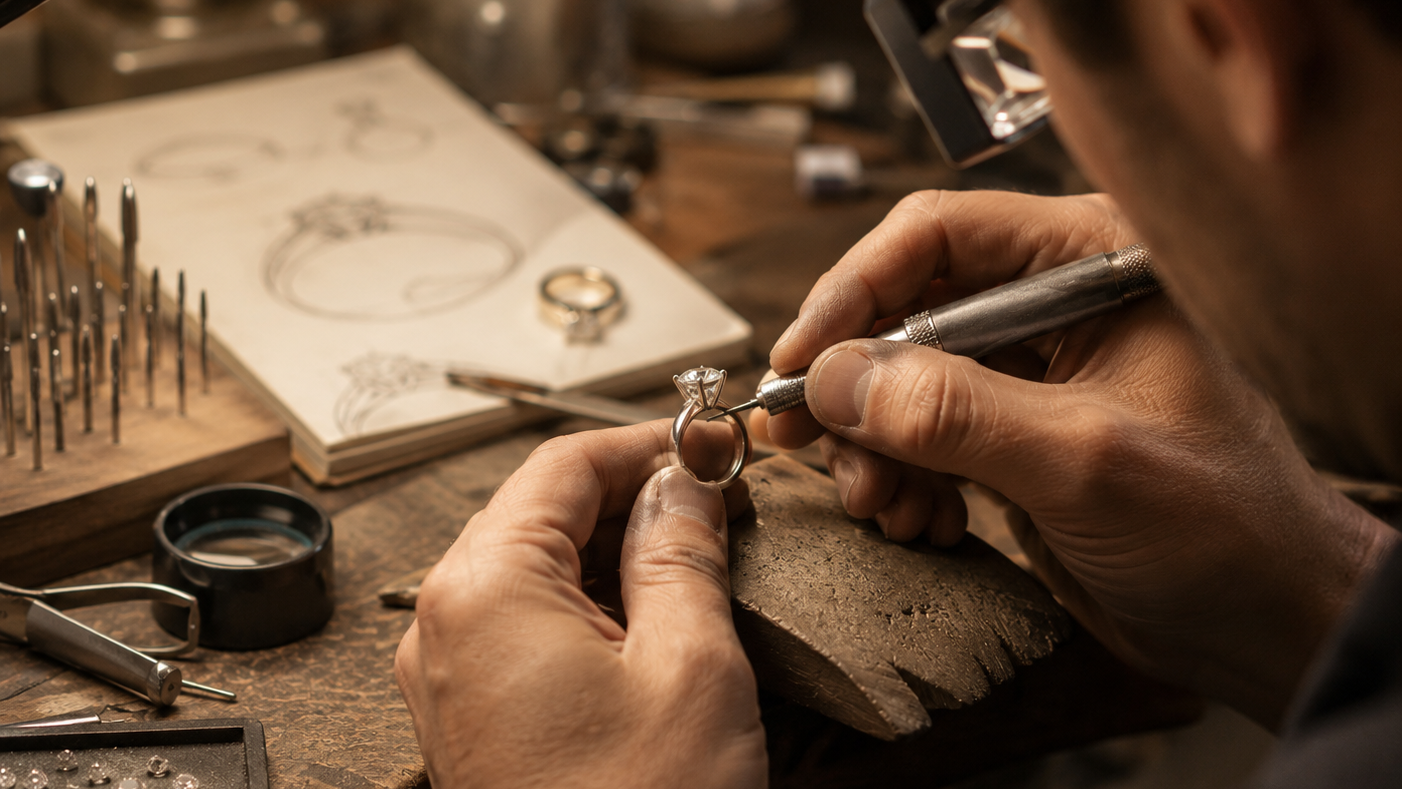 Jeweler working on a ring with tools and materials in a workshop setting