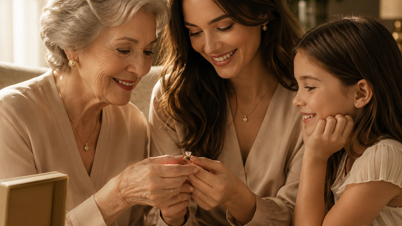 Three generations of women smiling and holding a small object together.