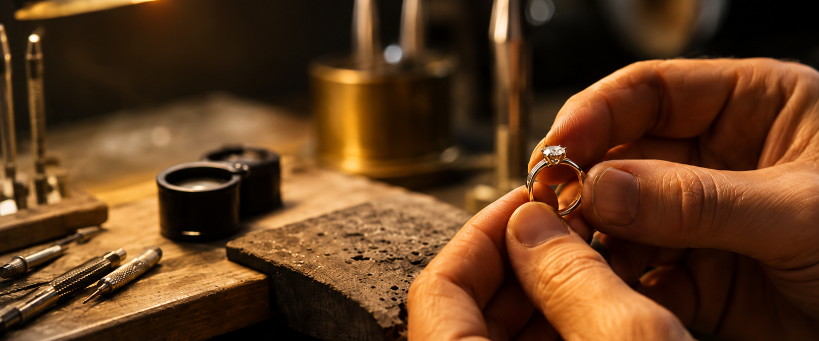 Person holding a ring with tools and materials on a workbench in the background
