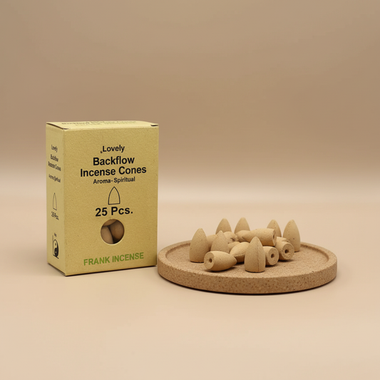 Box of Lovely Backflow Incense Cones with incense cones on a cork tray against a beige background
