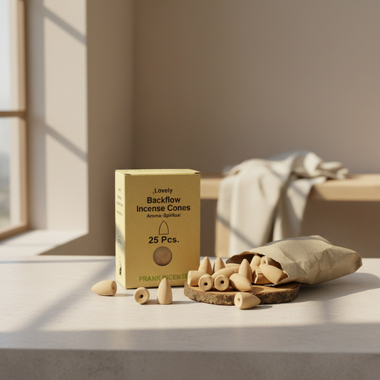 Backflow incense cones with packaging on a neutral surface